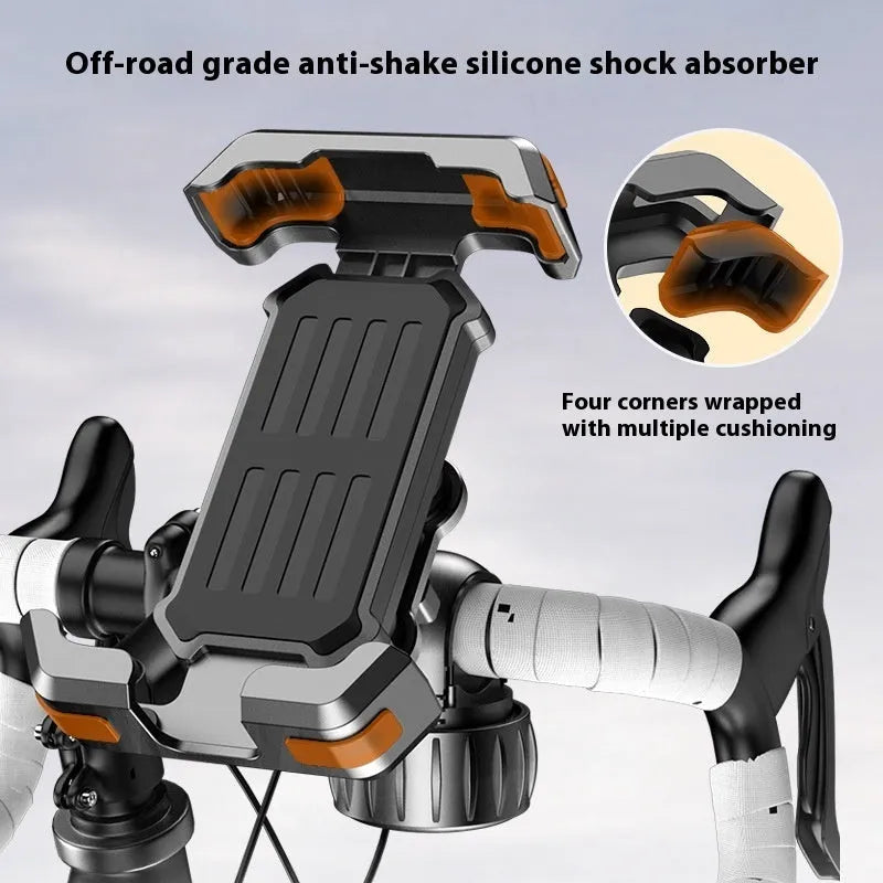 Black cycling phone navigation bracket mounted on bicycle handlebars showing adjustable grip mechanism