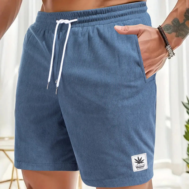 Men's straight-leg drawstring waist shorts in black, blue, khaki, and grey colours