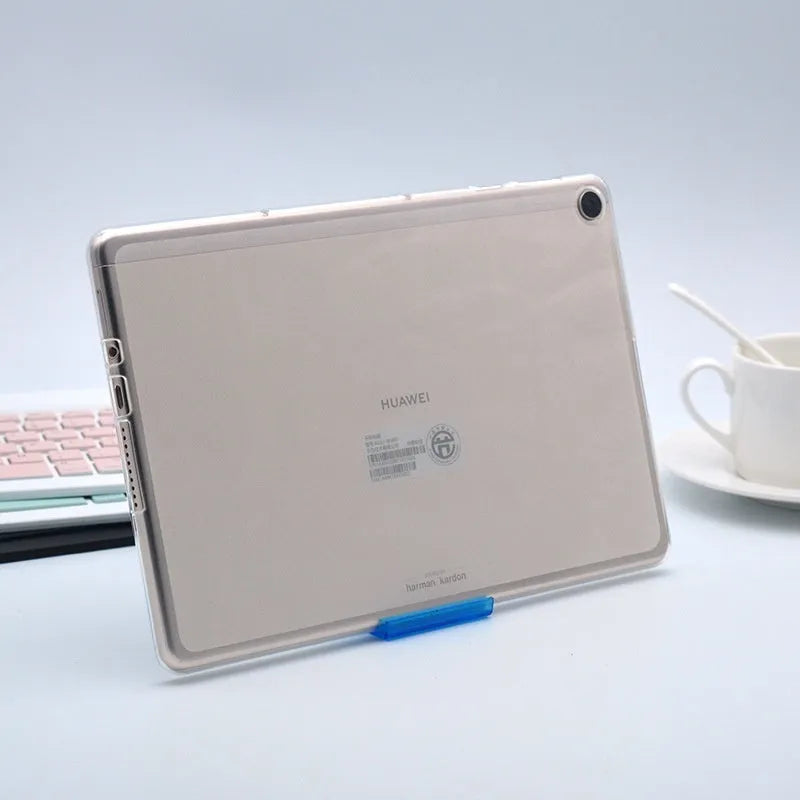 Clear transparent white silicone and TPU ultra-thin tablet protective case laid flat.