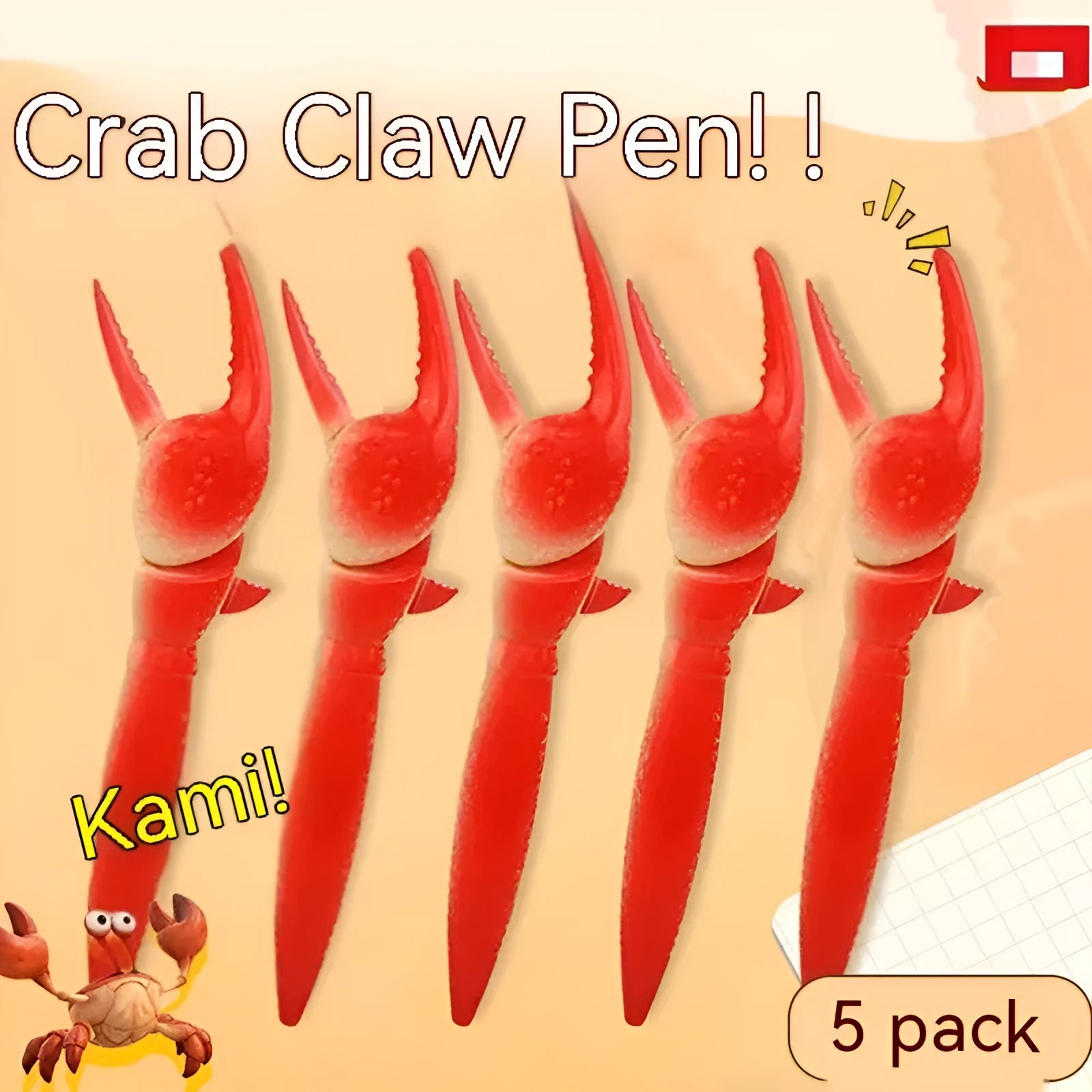Crab-shaped novelty ballpoint pen with a pressable metal clip on its back.