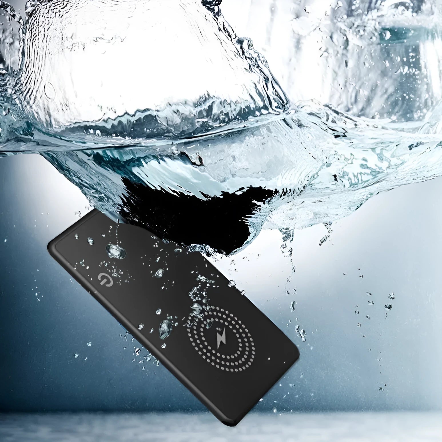 Black MFI-certified rechargeable Bluetooth tracking card for Android, shown next to a keychain.