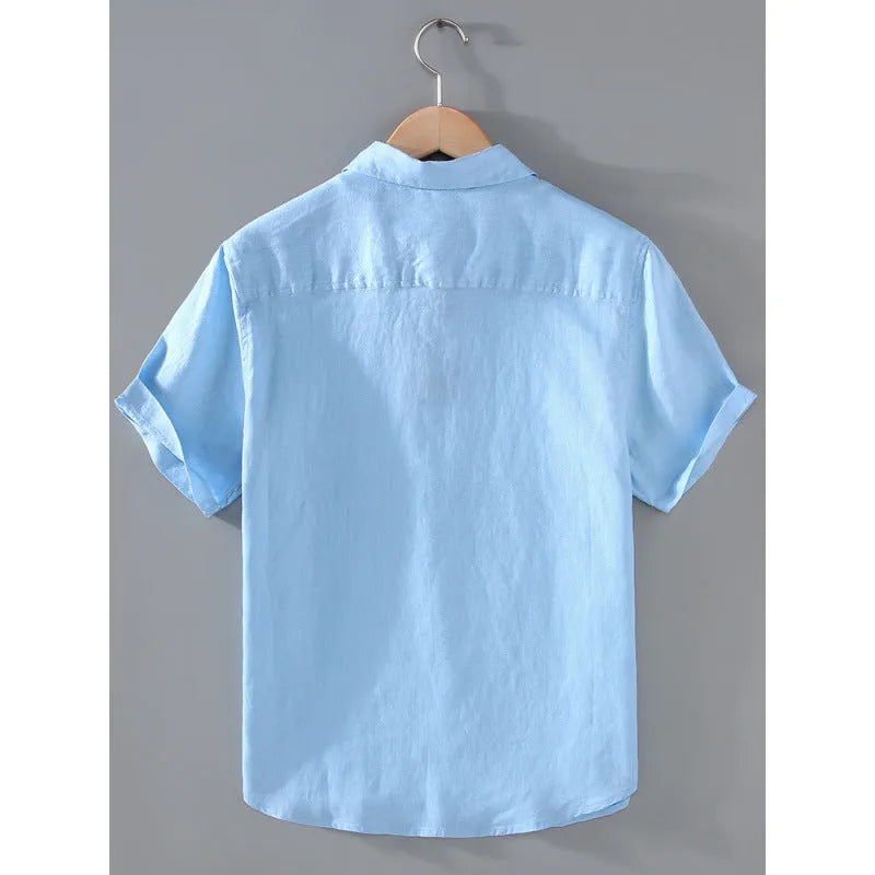 Men's casual short-sleeved linen shirt in regular cut available in seven colours including apricot, dark blue, and purple