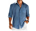 Men's grey cotton blend long sleeve shirt with lace polo collar and chest pocket