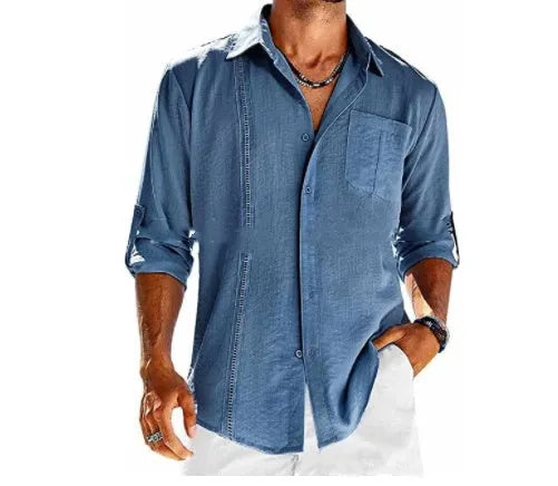 Men's grey cotton blend long sleeve shirt with lace polo collar and chest pocket