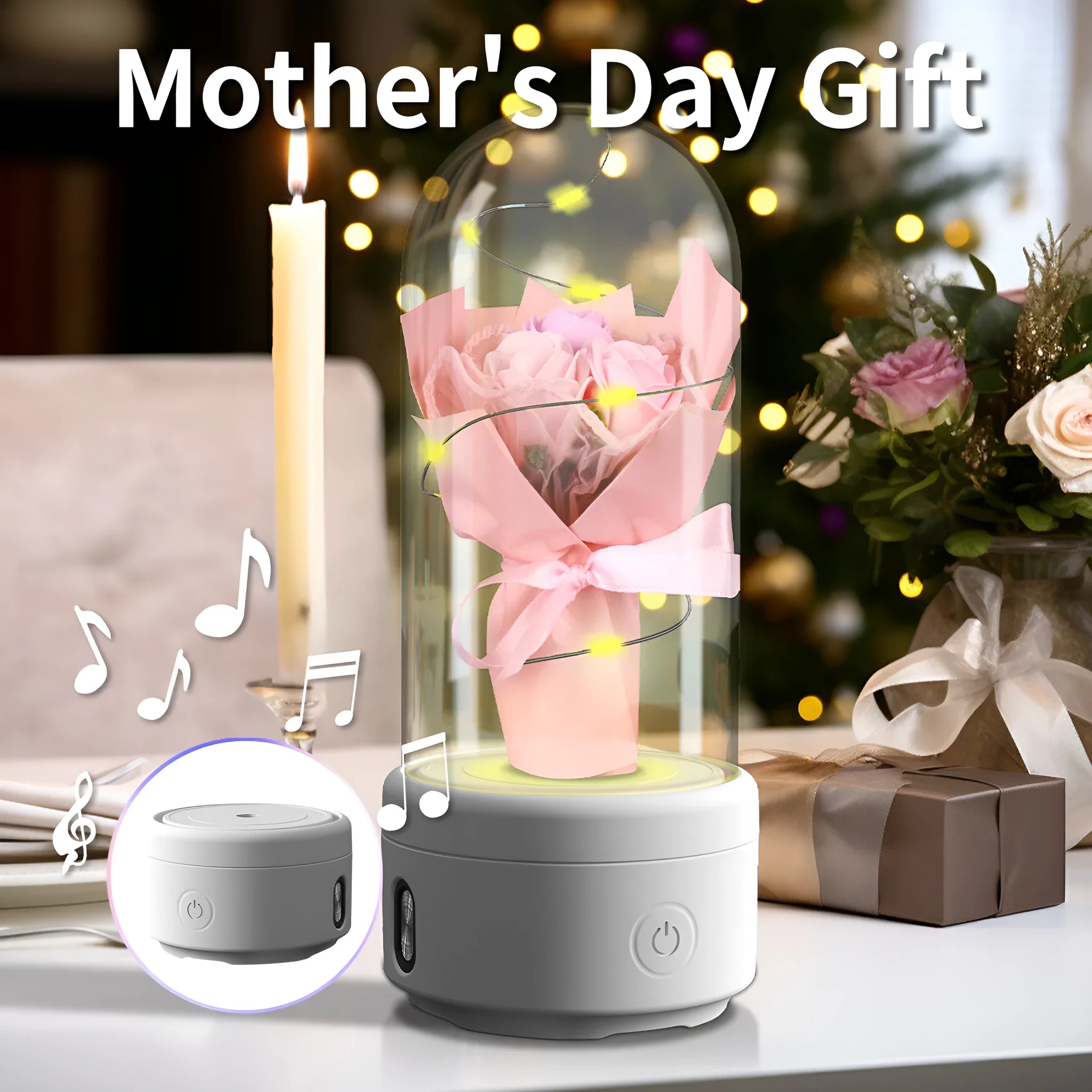 LED bouquet night light with Bluetooth speaker inside glass cover, available in multiple colours