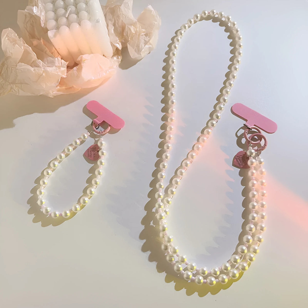 Pink pearl beaded mobile phone lanyard with crossbody long shoelace and short rope wrist strap options, small pink clip.