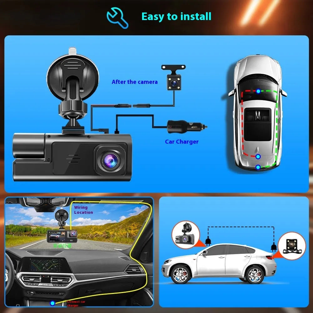 Black WiFi dash cam with 2-inch screen mounted on car windscreen, showing live rear camera view for parking.