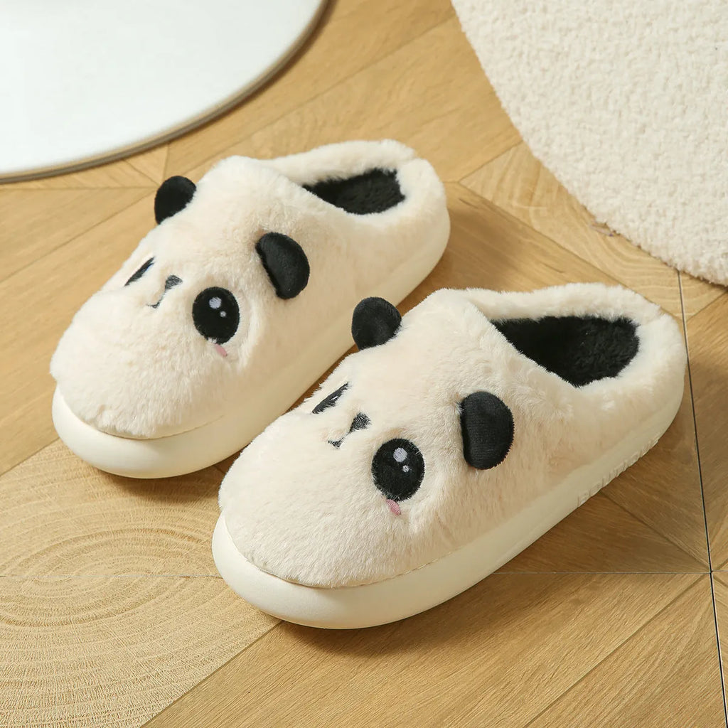 Panda-themed cotton linen toe ring slippers with non-slip PVC sole in unisex adult sizes.
