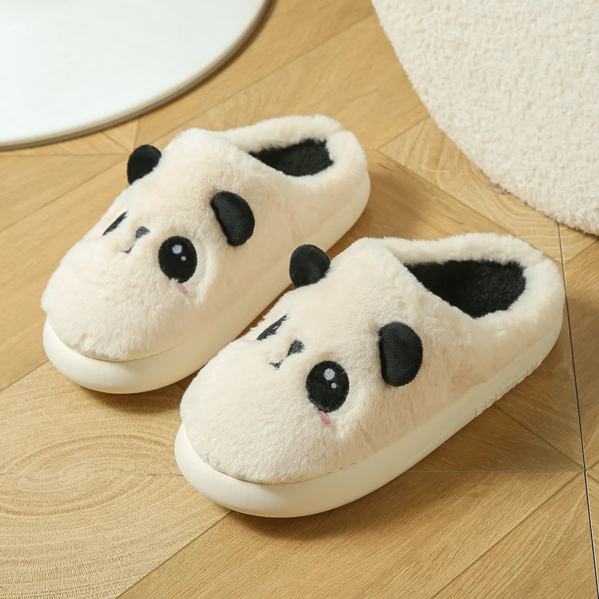 Panda-themed cotton linen toe ring slippers with non-slip PVC sole in unisex adult sizes.