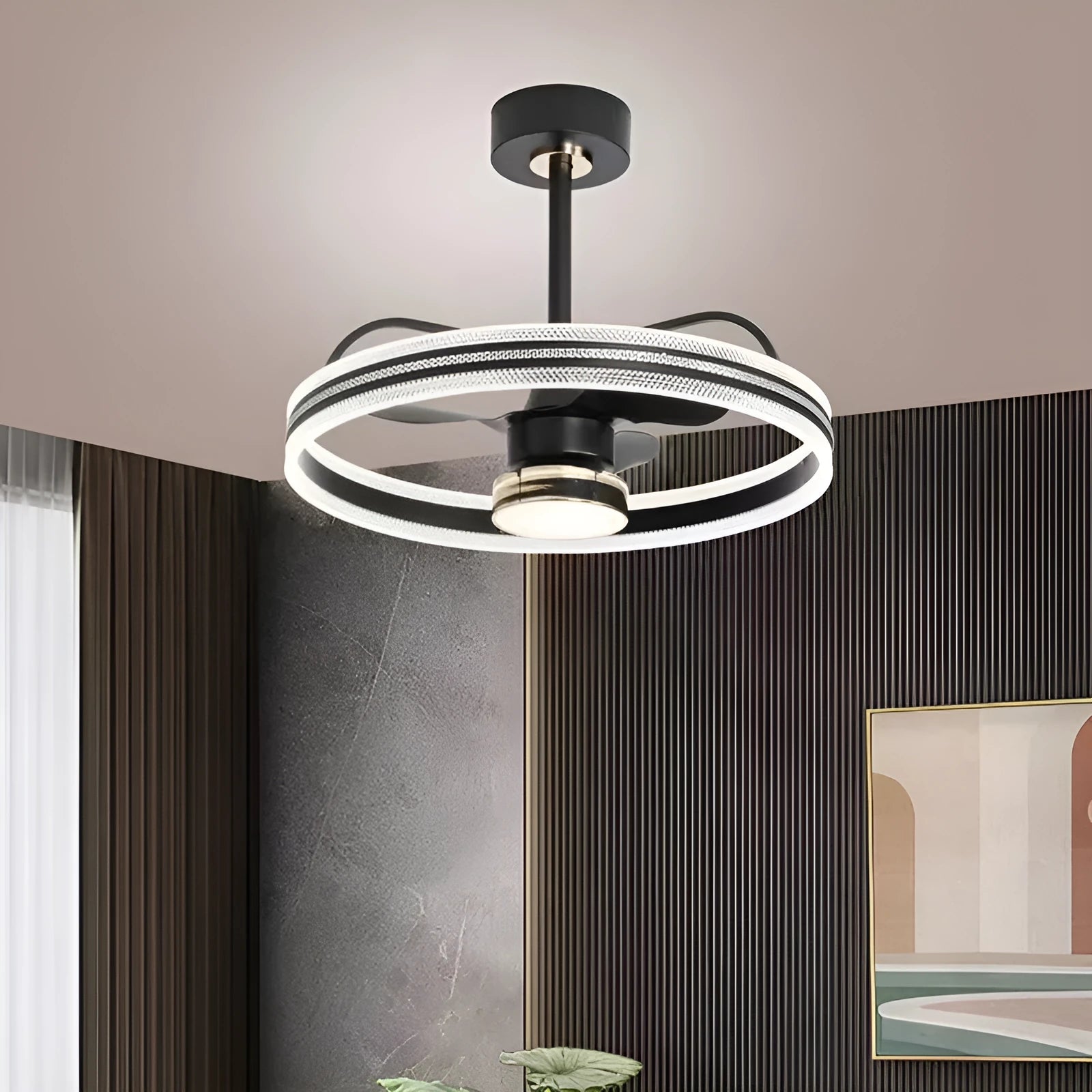 Modern ceiling fan light with remote control, ABS blades, and acrylic lampshade in black finish