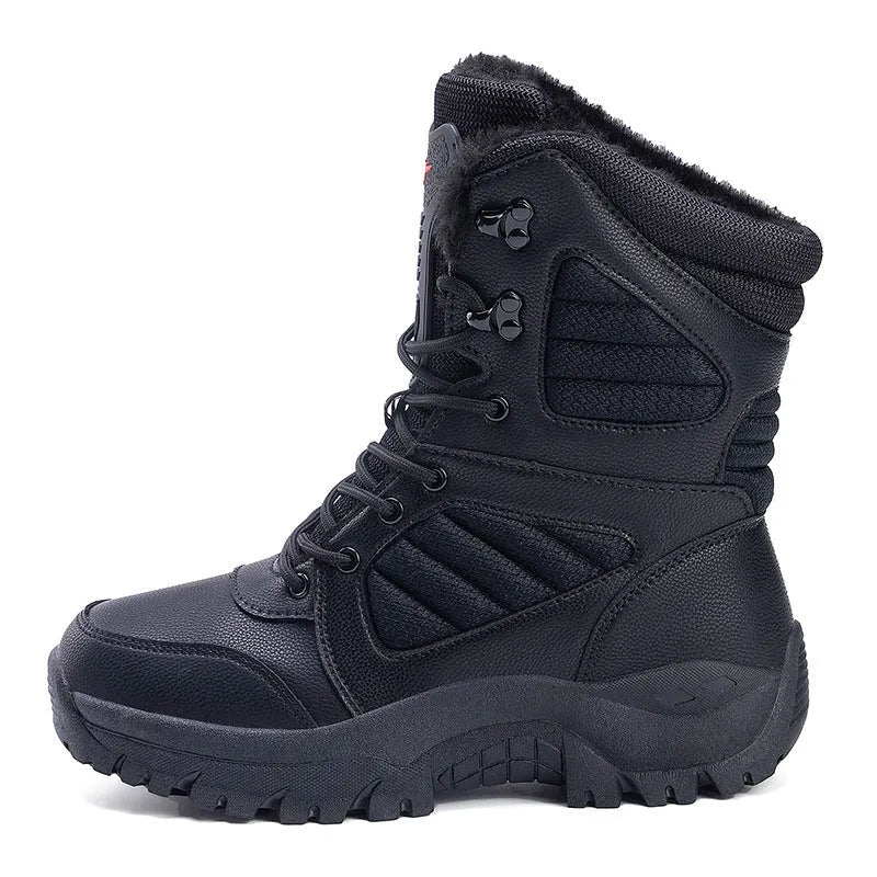 Men's brown and black snow boots with rubber sole, elastic band, and cotton lining, sizes 39-46