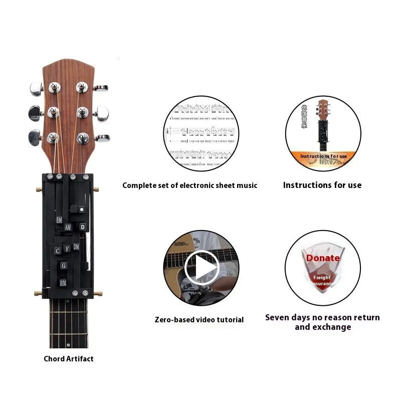 A black automatic chord maker device for guitar practice, shown next to an acoustic guitar.