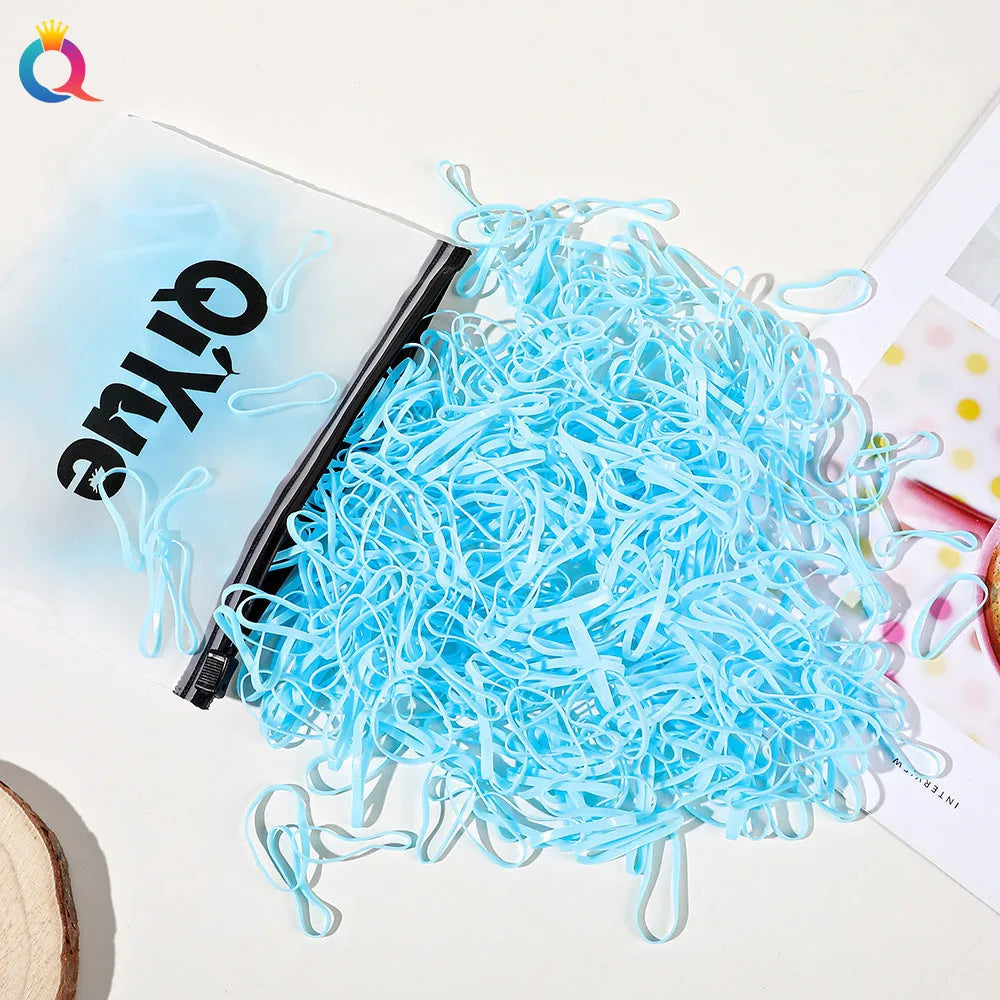 Children's disposable hair rubber bands 1000pcs strong pull cartoon design assorted colours deep coffee glittering powder grass green