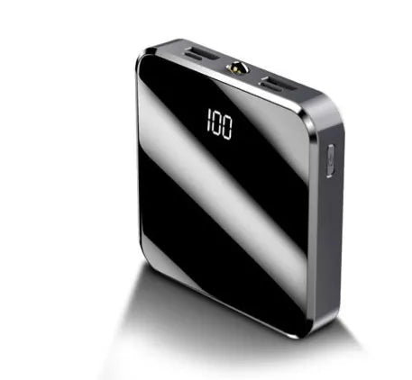 Mini compact full mirror power bank 20000mAh dual USB portable charger in cool black finish