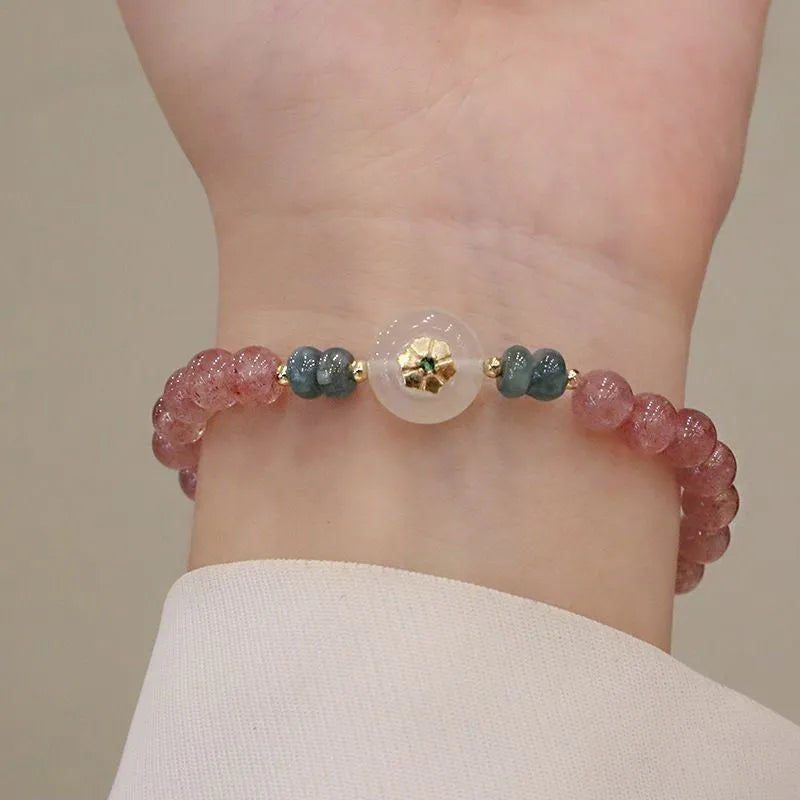 Women's strawberry quartz blue water emerald bracelet with electroplated finish and New Chinese style design