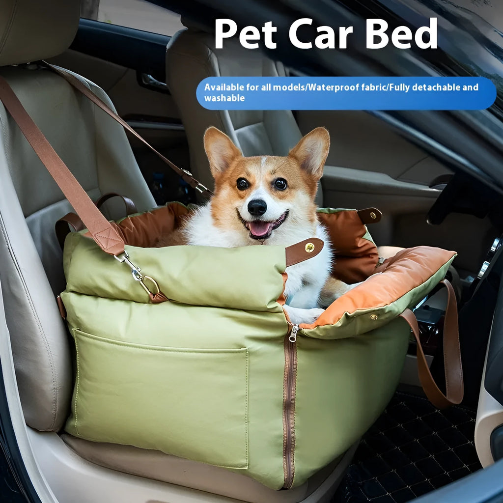 Brown portable car kennel for cats with removable cloth cover showing 55x50x45cm dimensions
