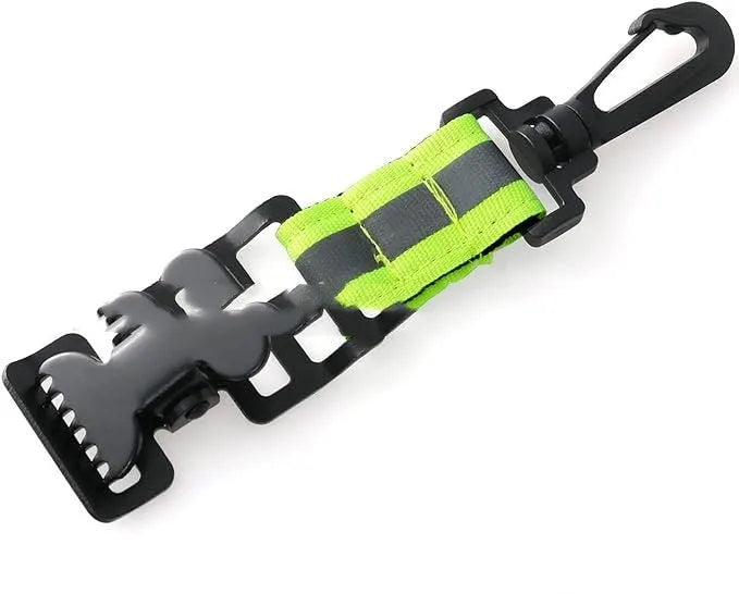 Fluorescent green metal buckle single clip for fireman gloves with reflective nylon lining.