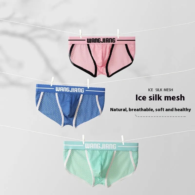 Men's triangle underwear in breathable ice silk mesh fabric, shown in solid colours including black, white, and blue.
