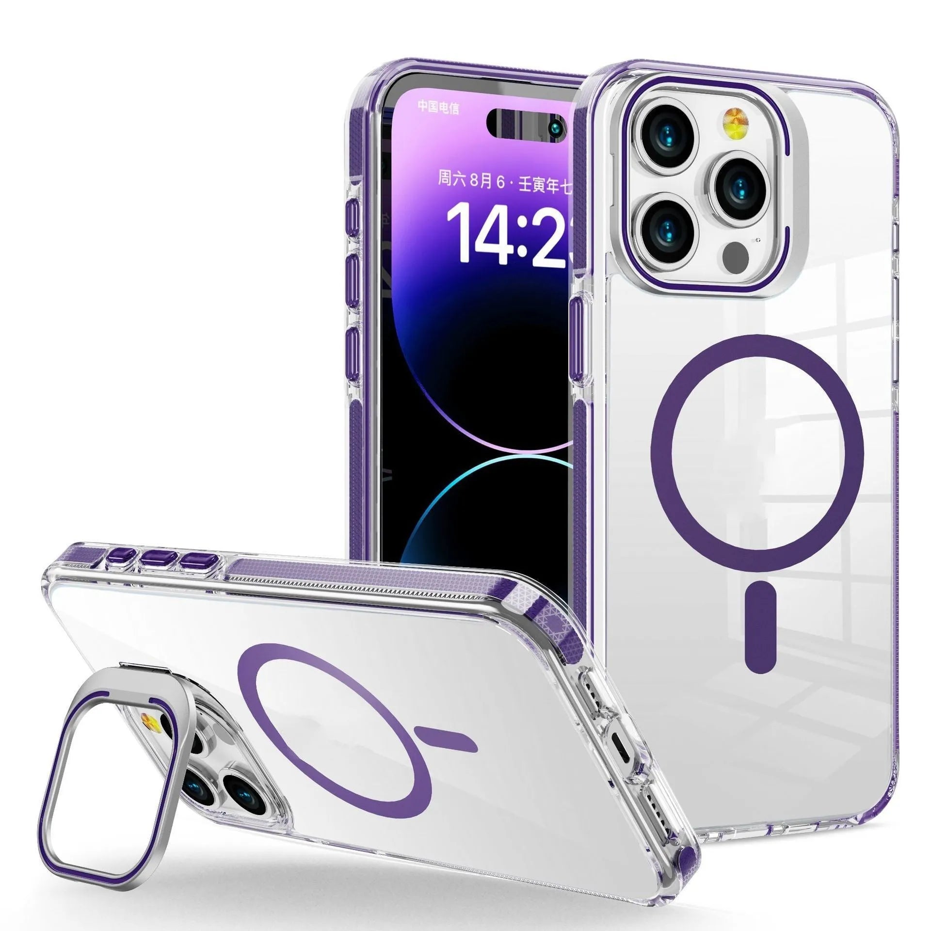 Transparent acrylic phone case with metal invisible frame bracket and magnetic suction for iPhone showing bracket deployed