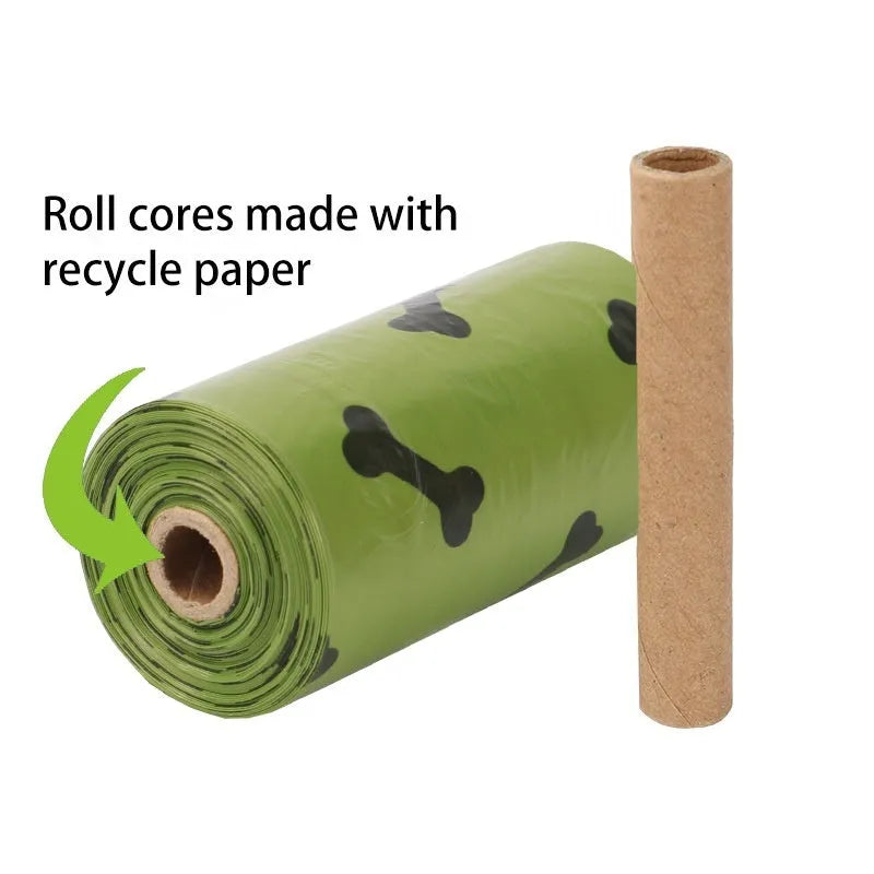 Military green degradable dog poop bags with black bone print measuring 23x33cm