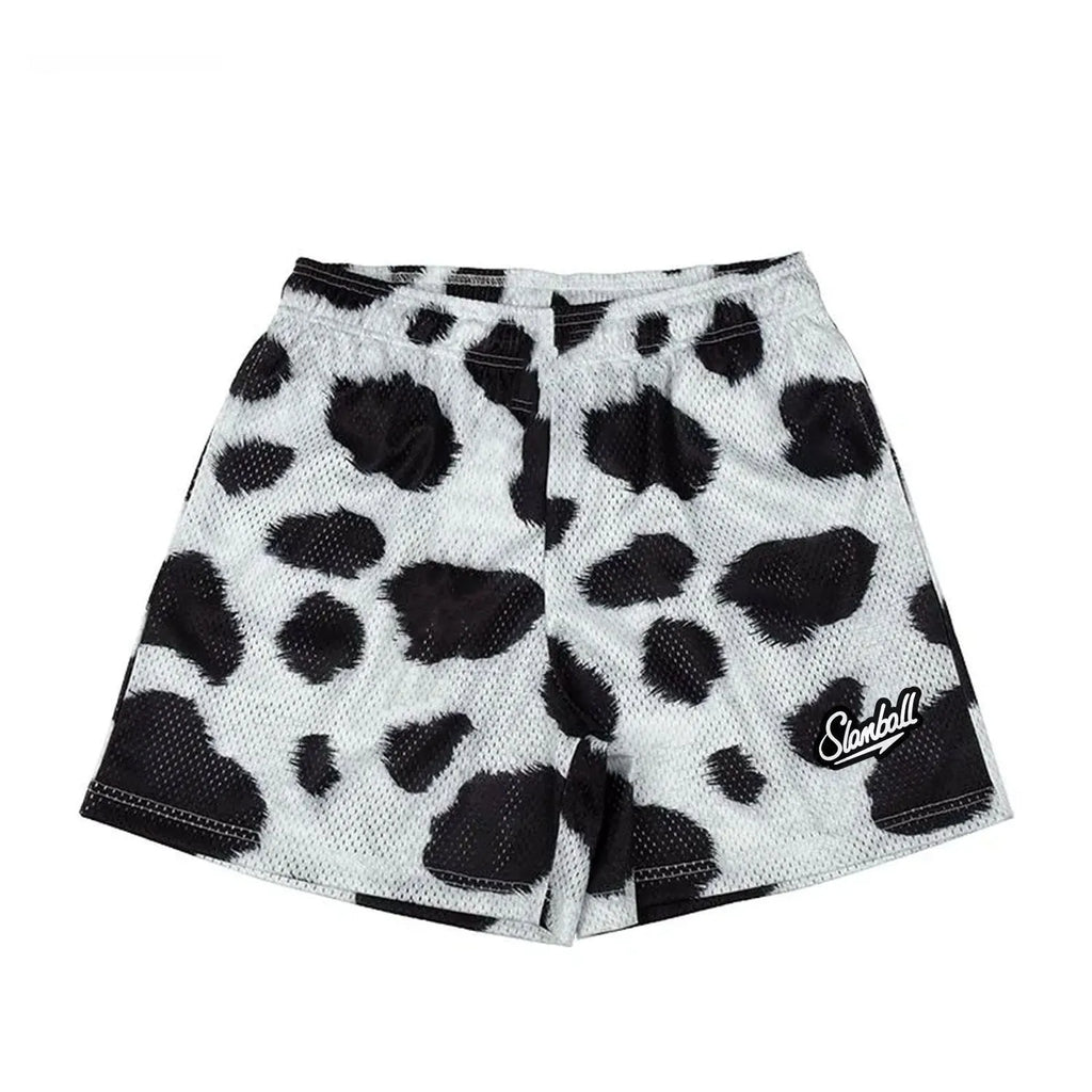 Men's leopard print quick-dry fitness training shorts on a white background
