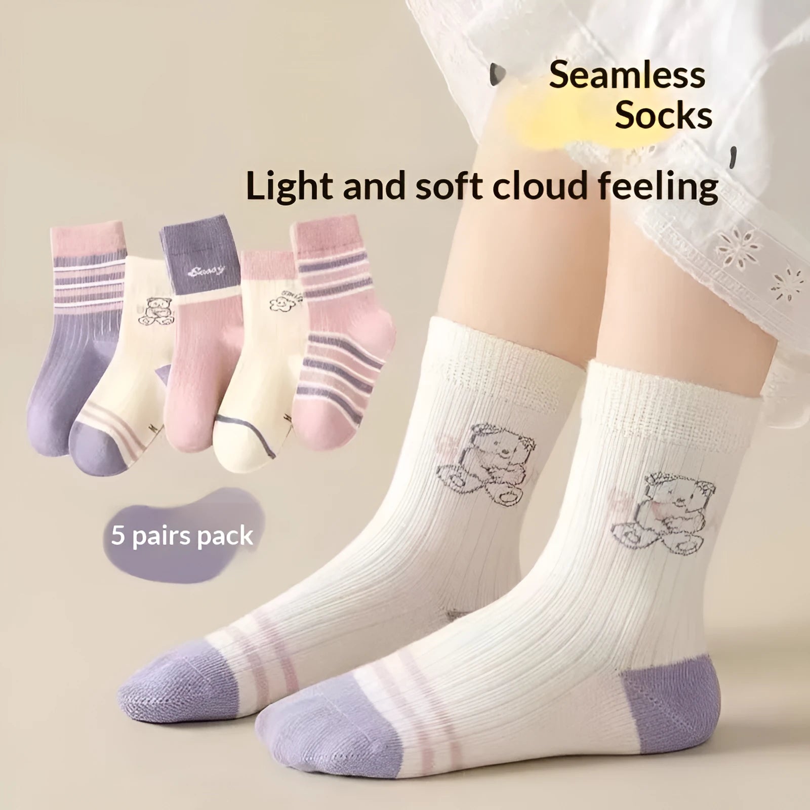 Pack of five children's cotton mid-calf socks with lace detail in Baby Bear, Rainbow Pony, and Leopard Bear colourways