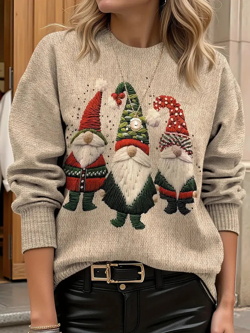 Red and white Christmas sweater with 3D Santa pattern, round neck, polyester pullover