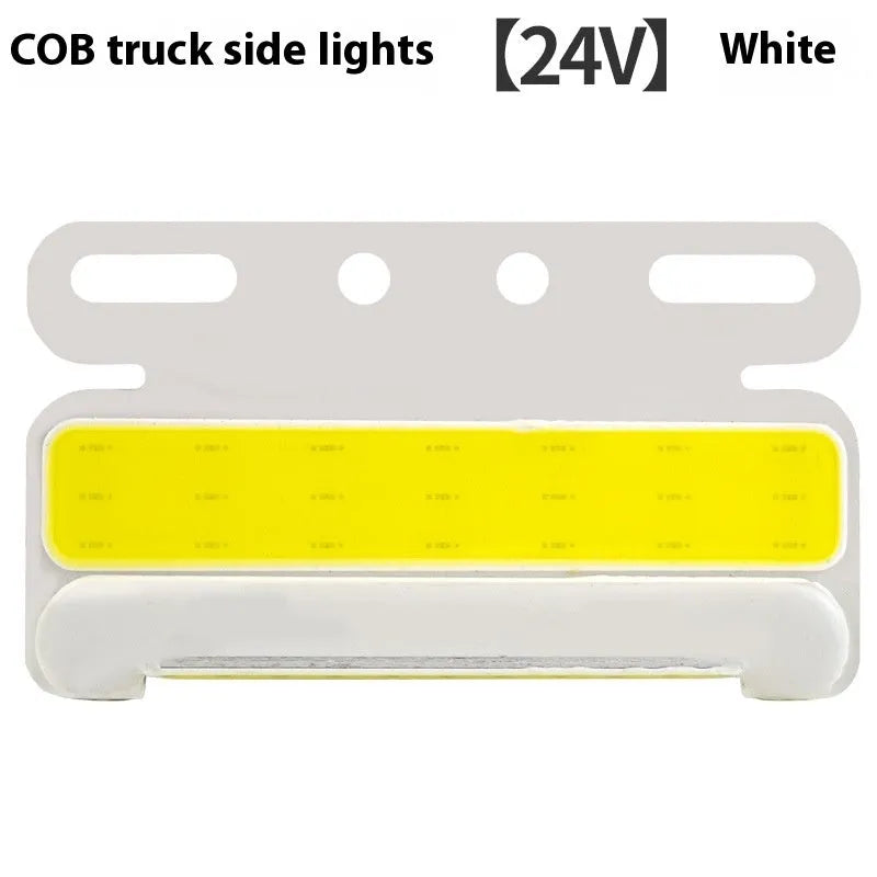 Waterproof aluminium alloy LED side light for trucks, showing bright COB illumination in blue, mounted near a vehicle tyre.