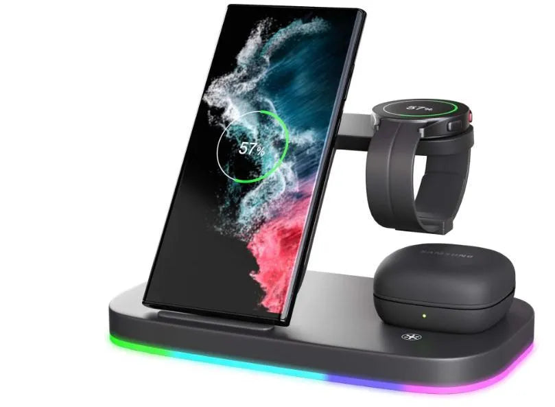 Vertical 3-in-1 wireless charging stand for mobile phone, smartwatch, and headphones.