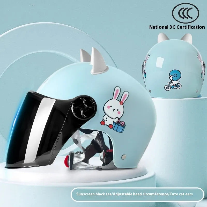 3C certified children's helmet with cat ears design in blue bunny with clear visor for electric car commuting