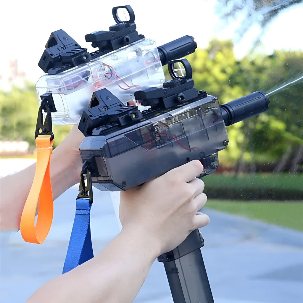 Uzi style electric water gun toy with transparent blue plastic body and attached accessories on a white background.