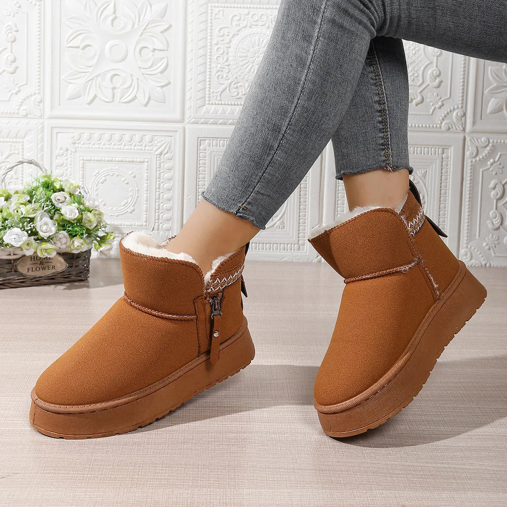 Side zipper thick sole height increasing snow boots for women in cow suede leather, black brown khaki colours