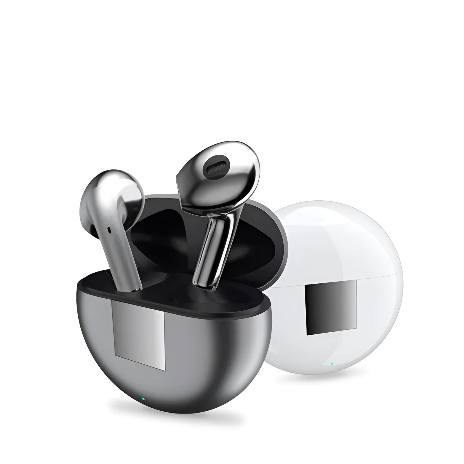 White Wireless Budz5 Bluetooth semi-in-ear headphones and their charging case on a table.