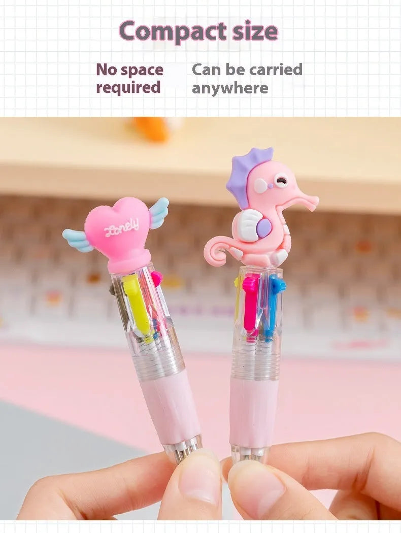 A four-colour press ballpoint pen with a random themed design on a plastic and silicone body.