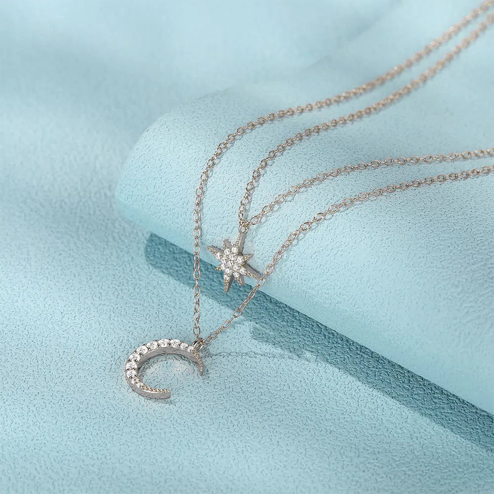 Women's S925 sterling silver double layer necklace with star and moon diamond pendant, gold finish