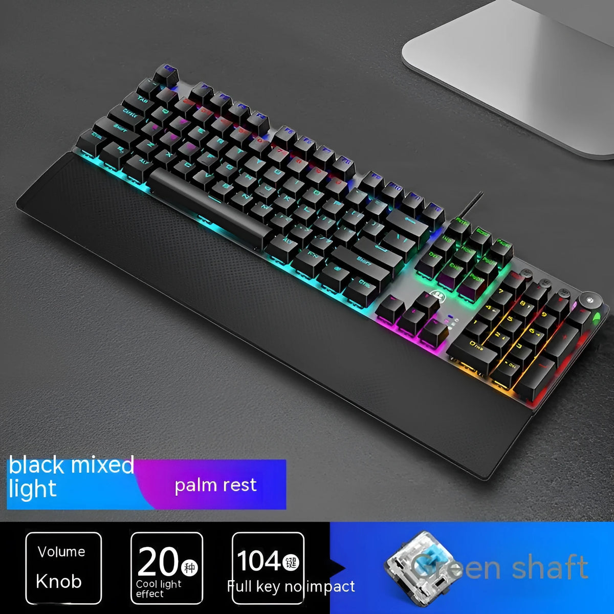 Rainforest Tarantula 95-key wired USB mechanical film gaming keyboard in magic colour, shown with or without hand rest