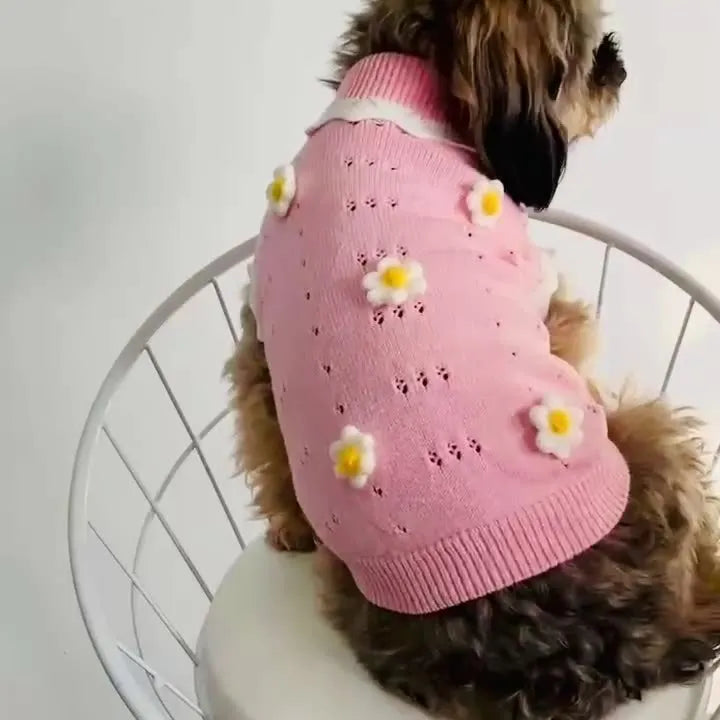 Green flower blossom pattern knit dog sweater shown on a small dog, with size chart for XS S M L XL.