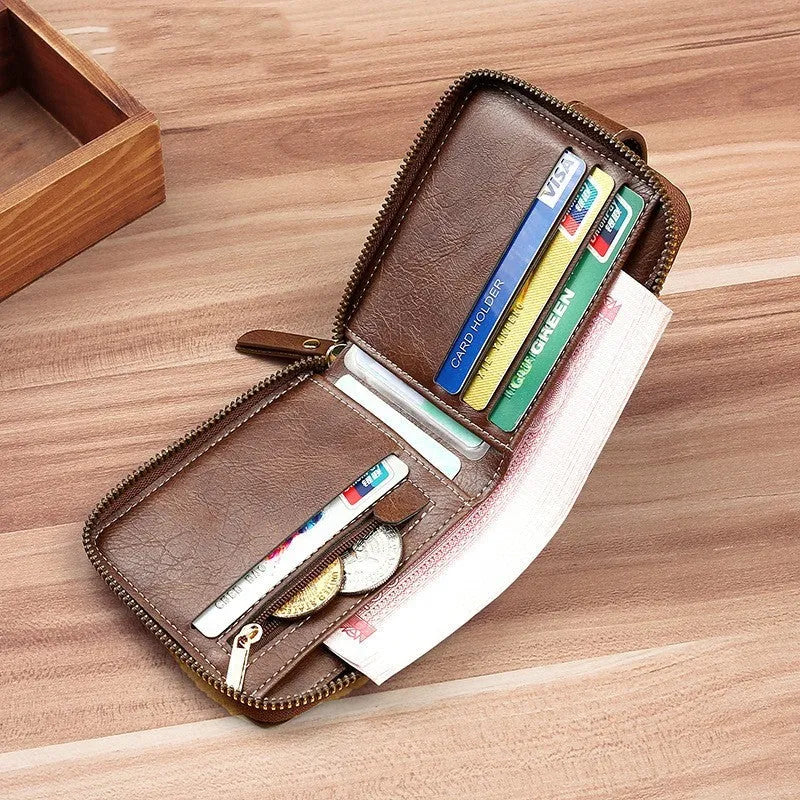 Men's short style two-fold bifold PU leather wallet in light brown, black, and dark brown colours
