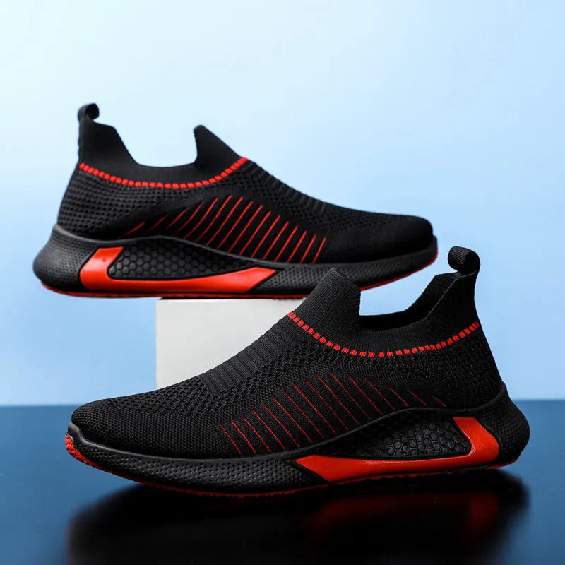 Men's breathable mesh sock shoes with flyknit upper and striped design in low-top slip-on style