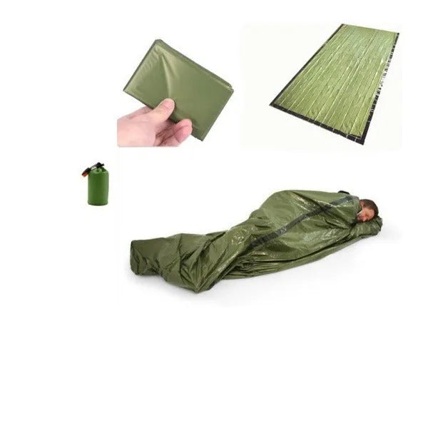 Aluminium film emergency sleeping bag in orange or green, 93x210cm, with drawstring bag and whistle.