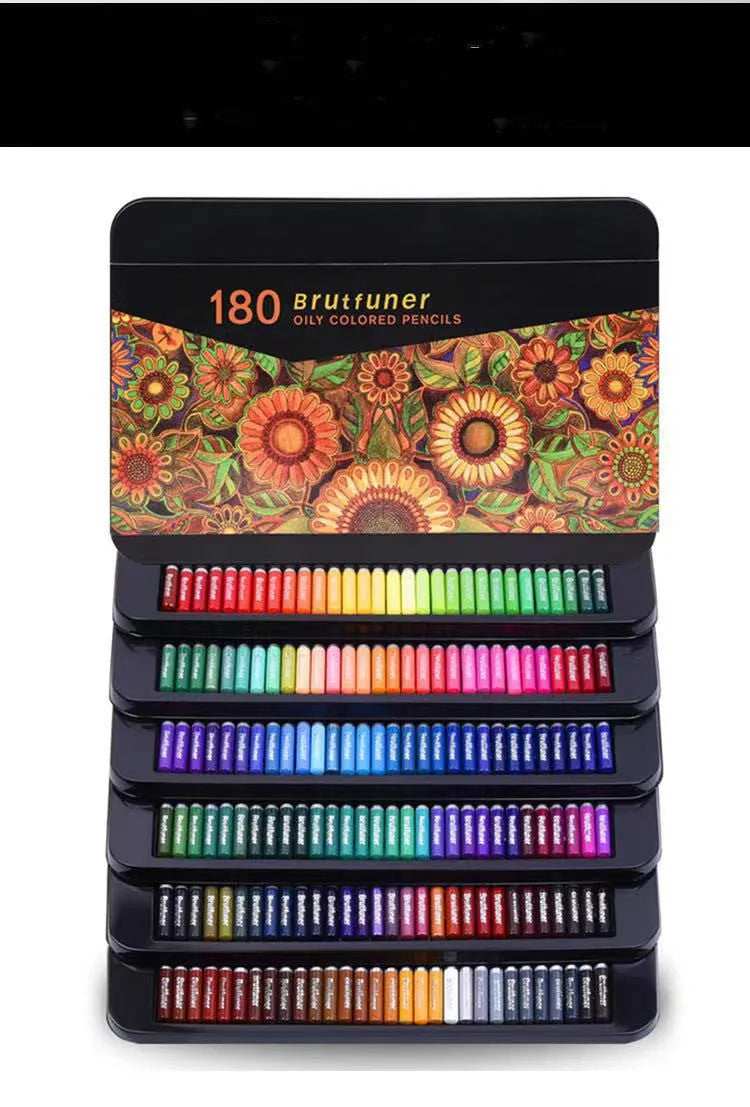 180-colour oil-based pencils with wooden casings and multi-colour brush pens in iron box
