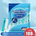 High tensile plastic bag containing disposable floss picks, showing 100 single packs limited offer.