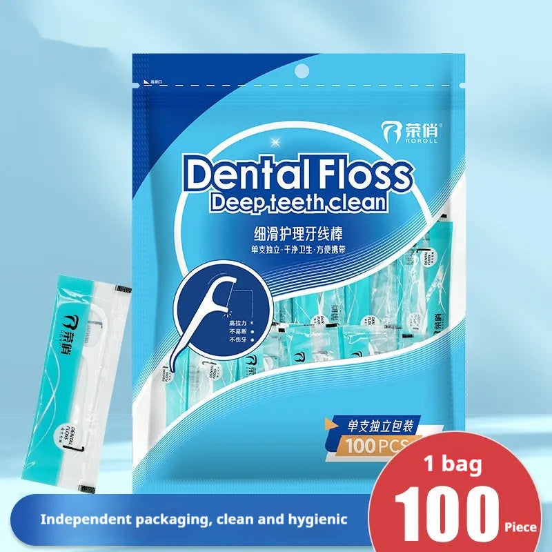 High tensile plastic bag containing disposable floss picks, showing 100 single packs limited offer.