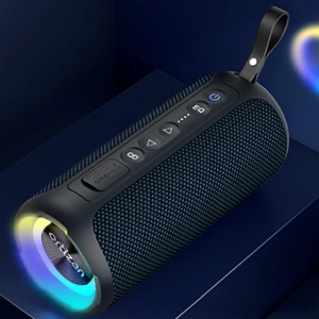 Black and blue fabric covered 40W wireless Bluetooth speaker with lights