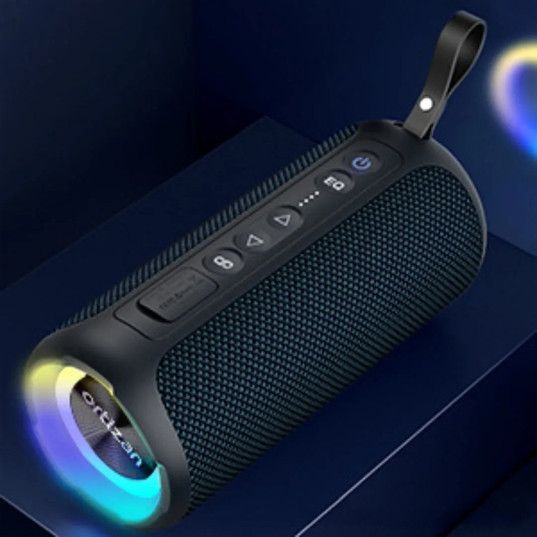 Black and blue fabric covered 40W wireless Bluetooth speaker with lights