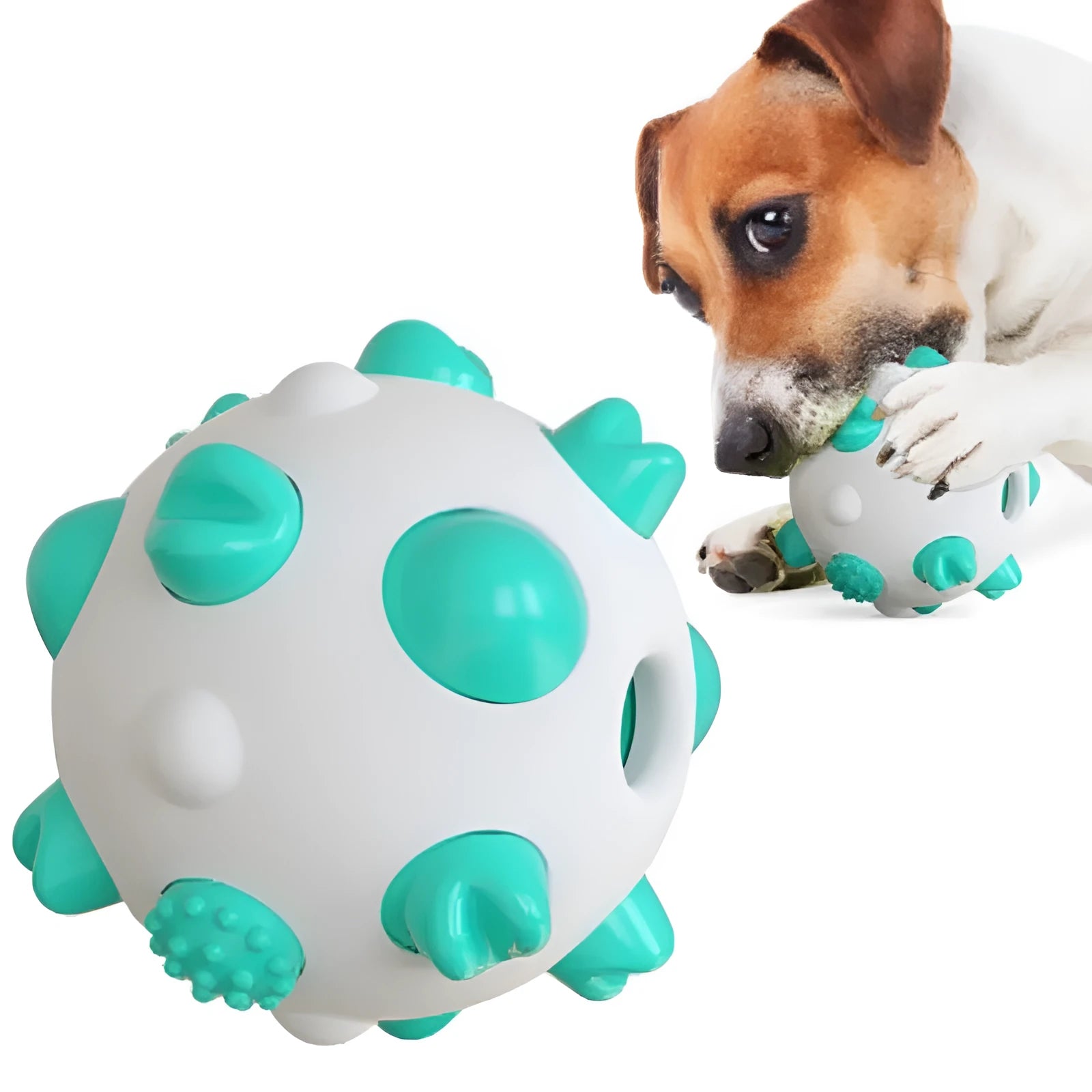 Blue dog teething chew ball with serrated bumps and hollow treat compartment