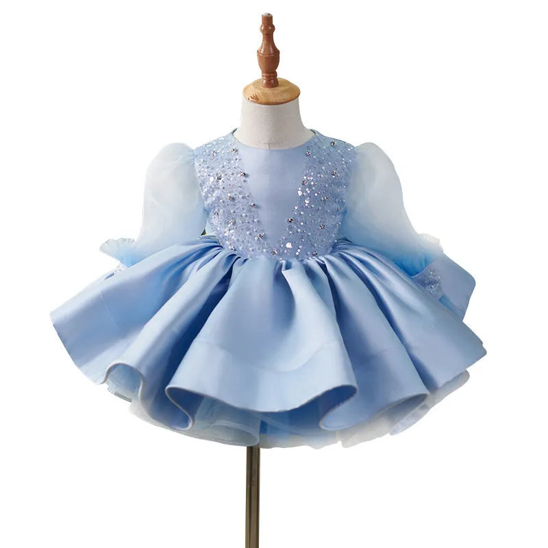 Girls' blue princess party dress with umbrella skirt, polyester blend, height sizes 80cm to 160cm