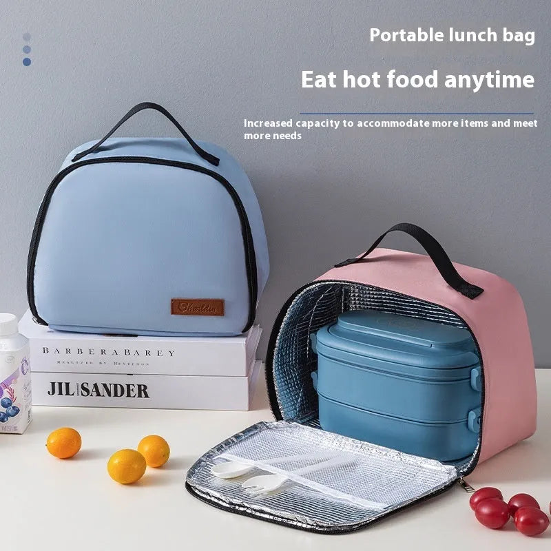 Insulated lunch box bento handbag in textured cloth with large capacity for keeping food warm
