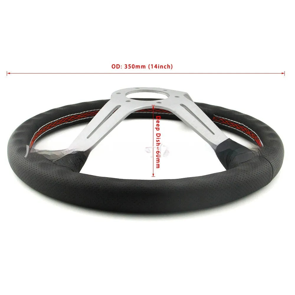 14-inch leather-wrapped steering wheel with a middle concave design, showing black and silver skeleton frame options.