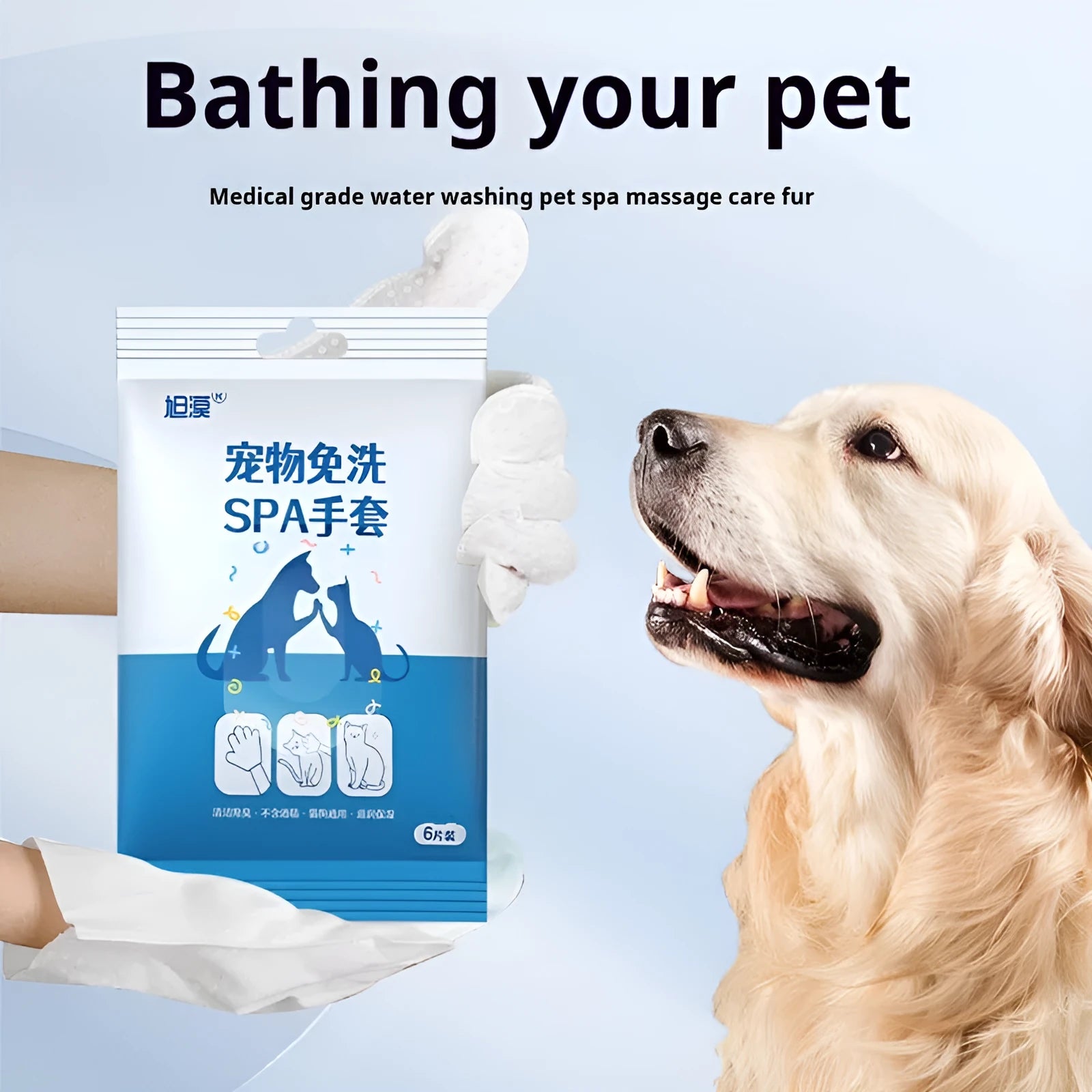 Pet bath-free cleaning gloves on a hand, non-woven fabric, for dogs